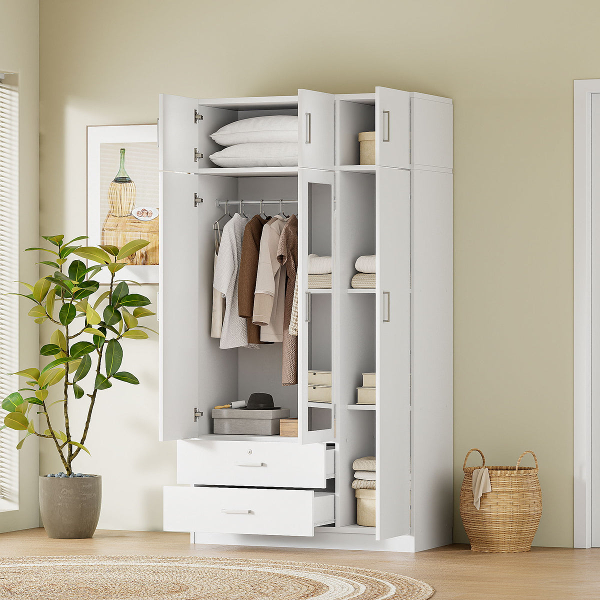 Modern 3 Door Mirror Wardrobe With 2 Drawers And Top Cabinet