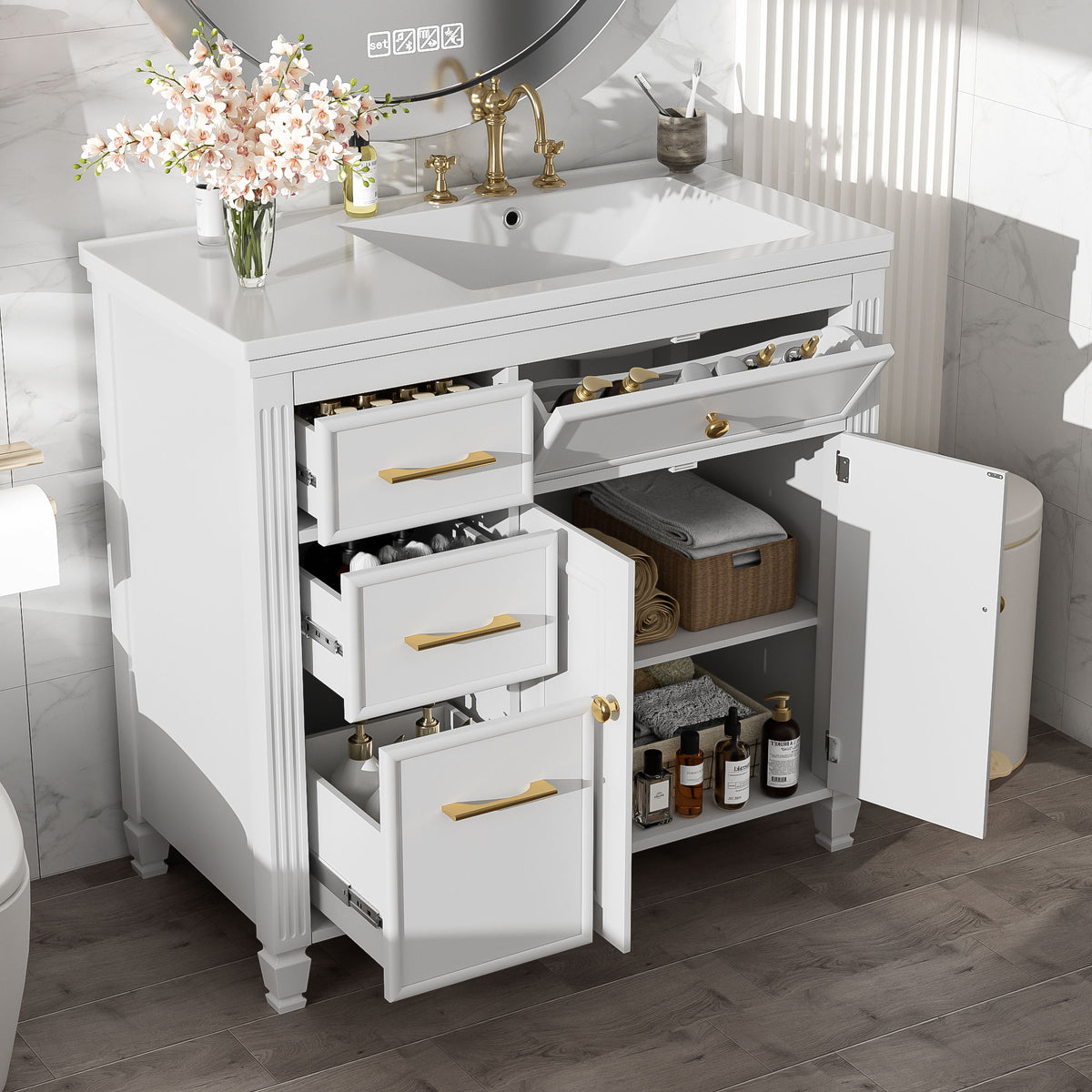 Bathroom Vanity With Sink, 1 Tip Out Drawer, 3 Side Drawers, Adjustable Shelf