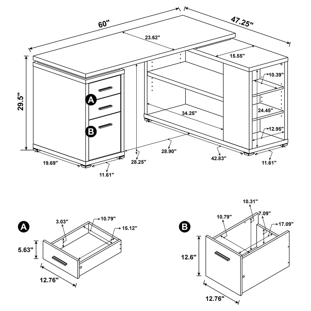 Tona - L-Shape Computer Desk With 3 Drawers And 5 Shelves
