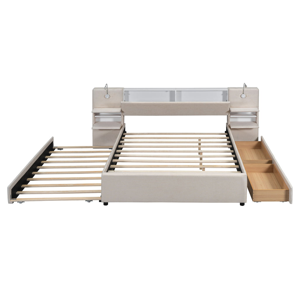 Upholstered Platform Bed With Reading Lights, Drawers, Trundle And Shelves