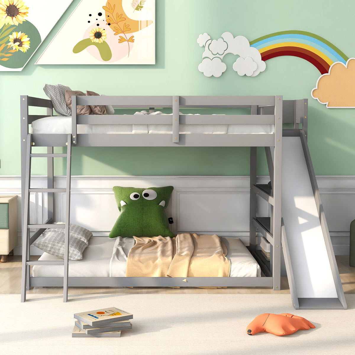 Bunk Bed With Ladder, Slide, And Shelves Pine Wood