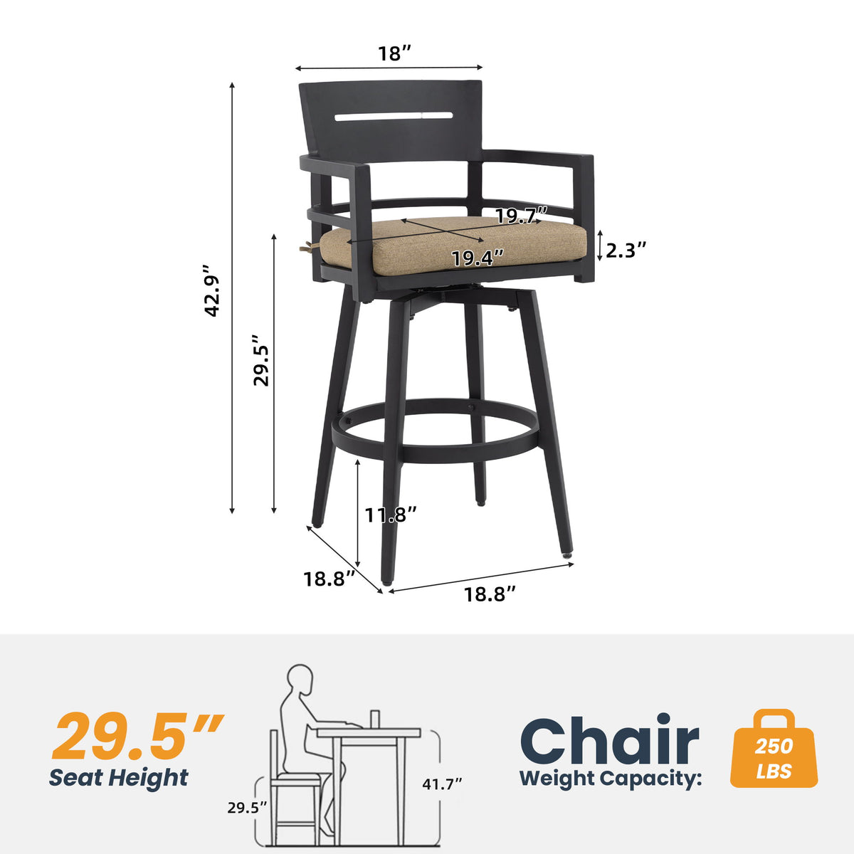 Outdoor Swivel Bar Chairs, 360 Degree Rotation, Ergonomic Backrest (Set of 2)