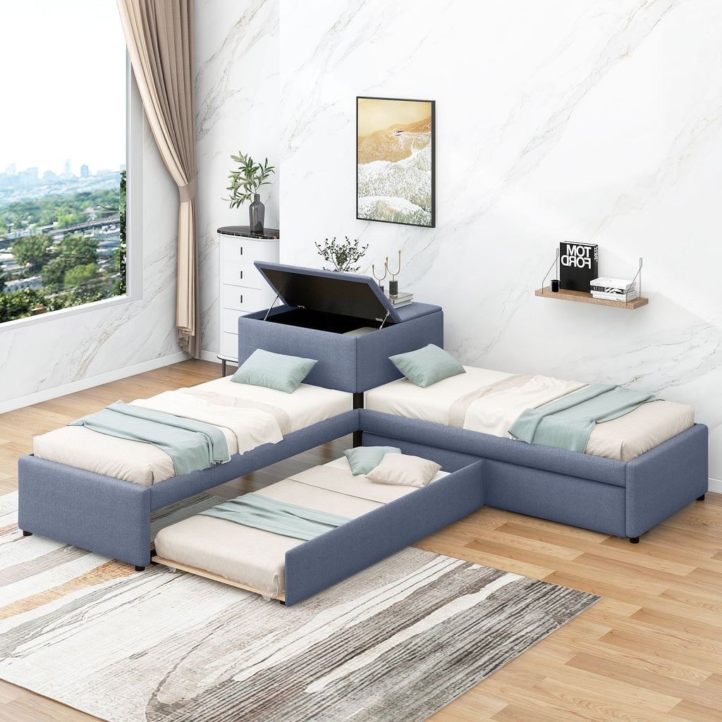 L Shaped Upholstered Platform Bed With Trundle And 2 Drawers Linked With Built In Desk