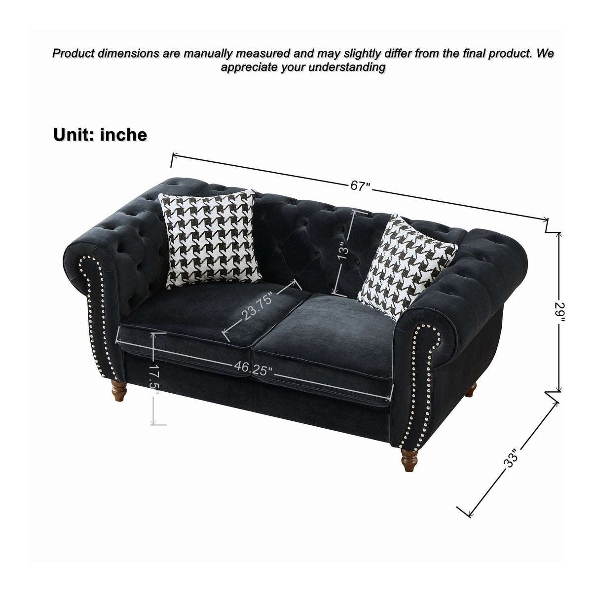Chesterfield Upholstery Fabric Loveseat With Roll Armrest And Nailhead