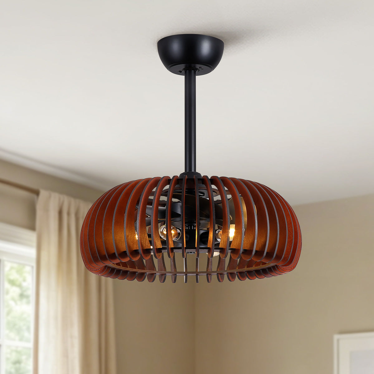 Pumpkin Ceiling Fan, Fandelier With 6 E12 Sockets, Reversible DC Motor, Adjustable Hanging, 6 Speeds Remote Control - Black