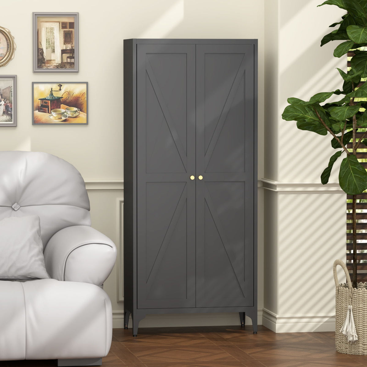 Adjustable 2 Door Kitchen Pantry Cabinet With Striped Design