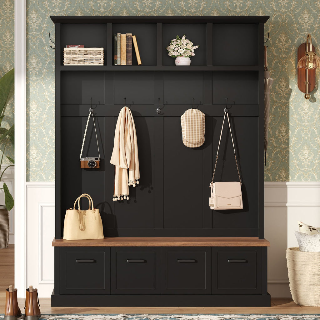 Hall Tree With Storage Bench Mudroom Coat Rack With 6 Hooks