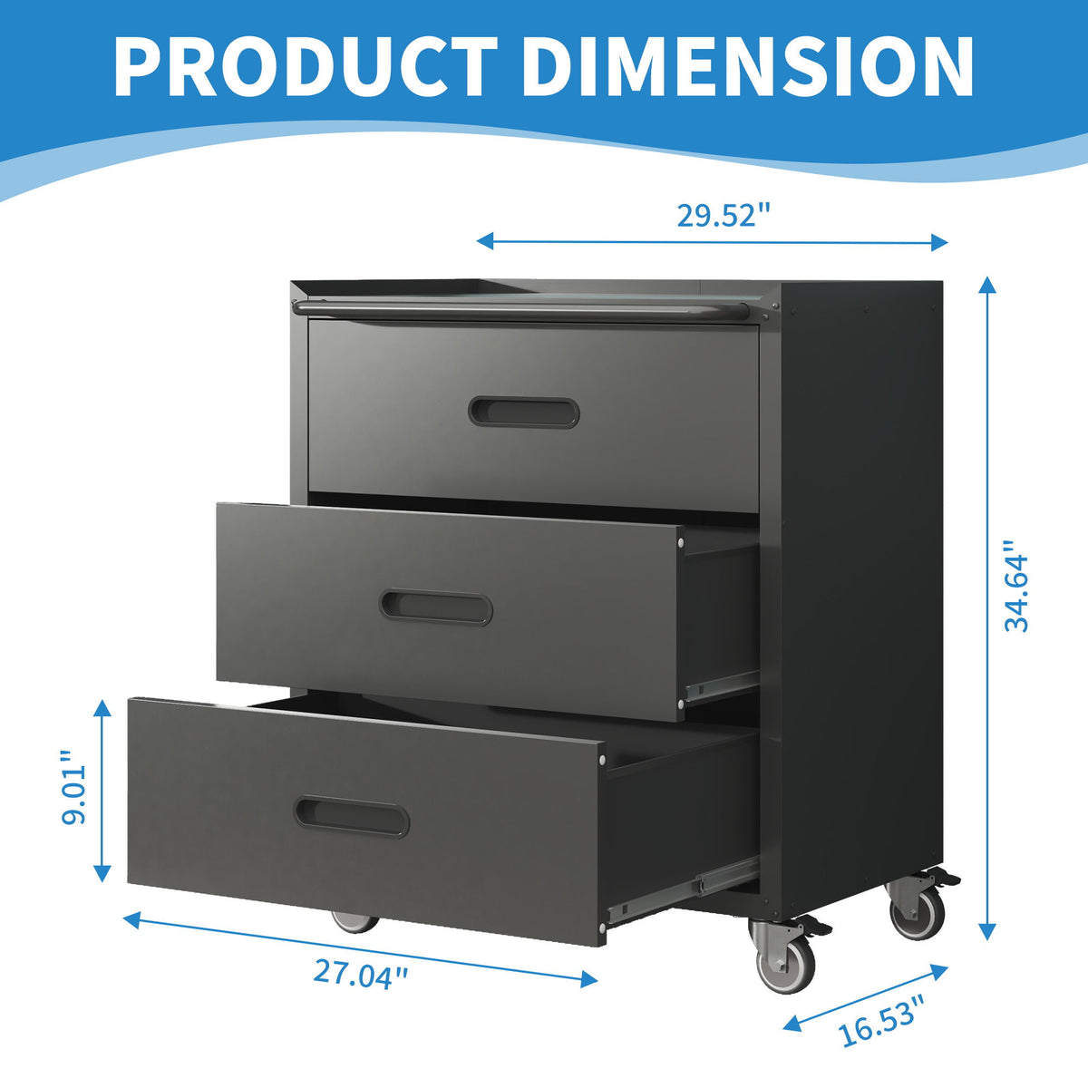 Heavy Duty Metal Storage Cabinet With Wheels 3 Drawer Tool Cabinet For Garage, Office, And Home Organizer Solutions
