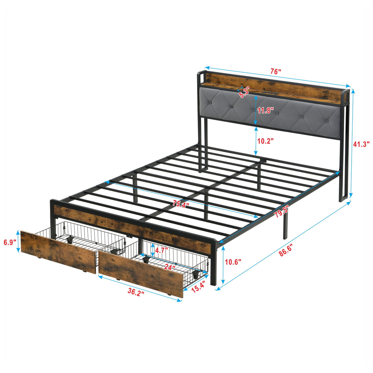 Modern Bed Frame With LED Lights, Upholstered Headboard, USB Charging