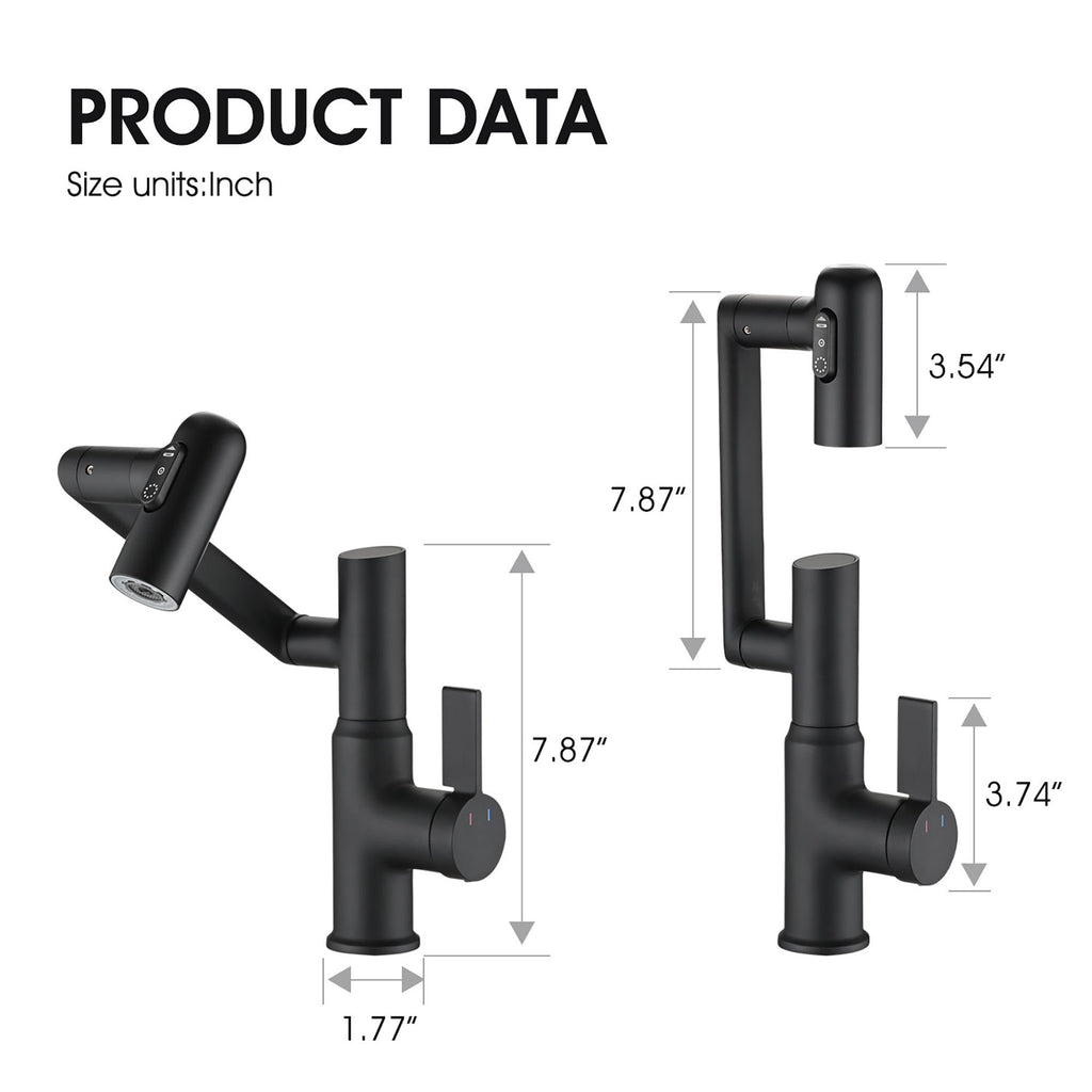 Bathroom Sink Faucet With Spray Function And Temperature Display, Anti Skid Switch, 360 Degree Rotary