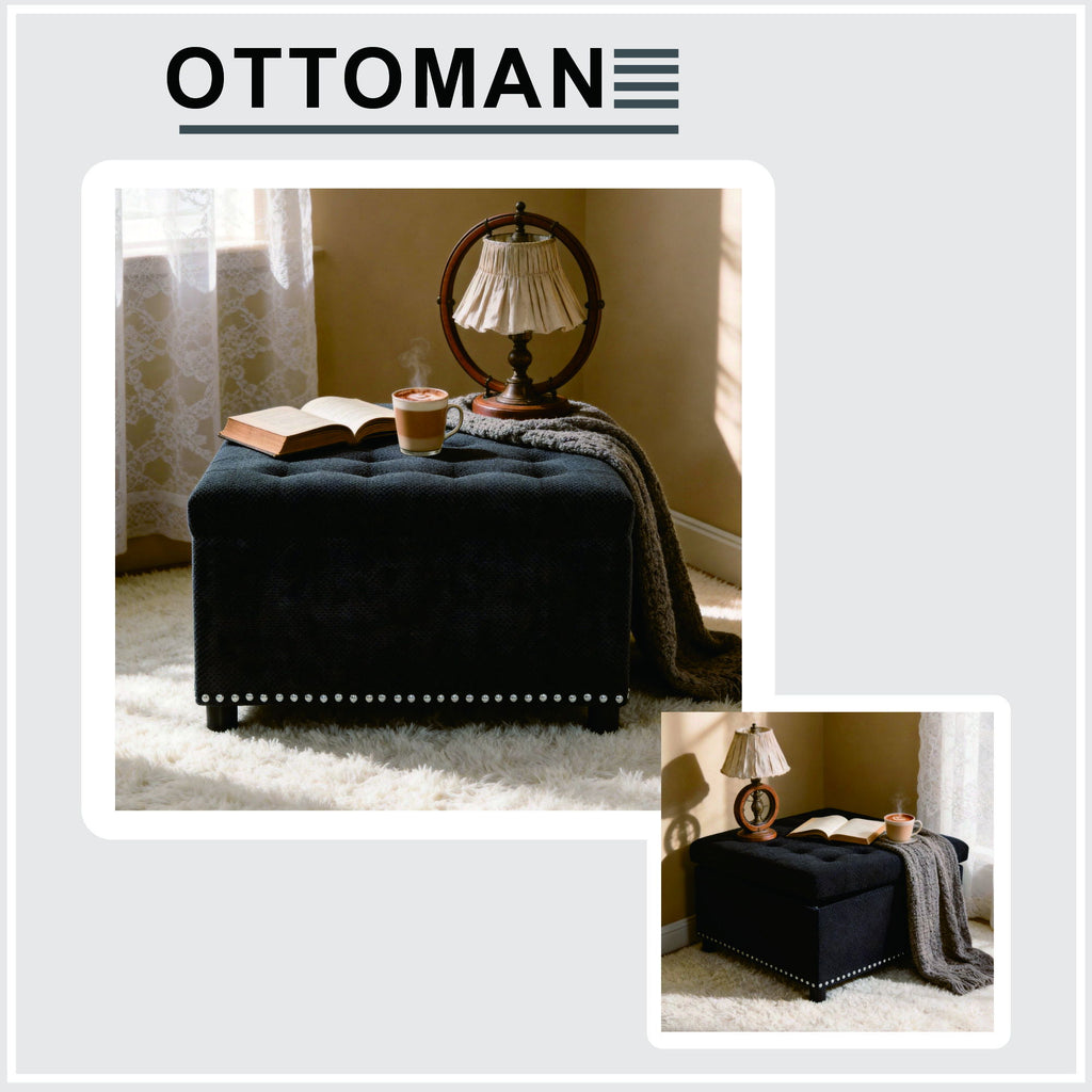 Square Tufted Storage Ottoman With Nailhead Trim