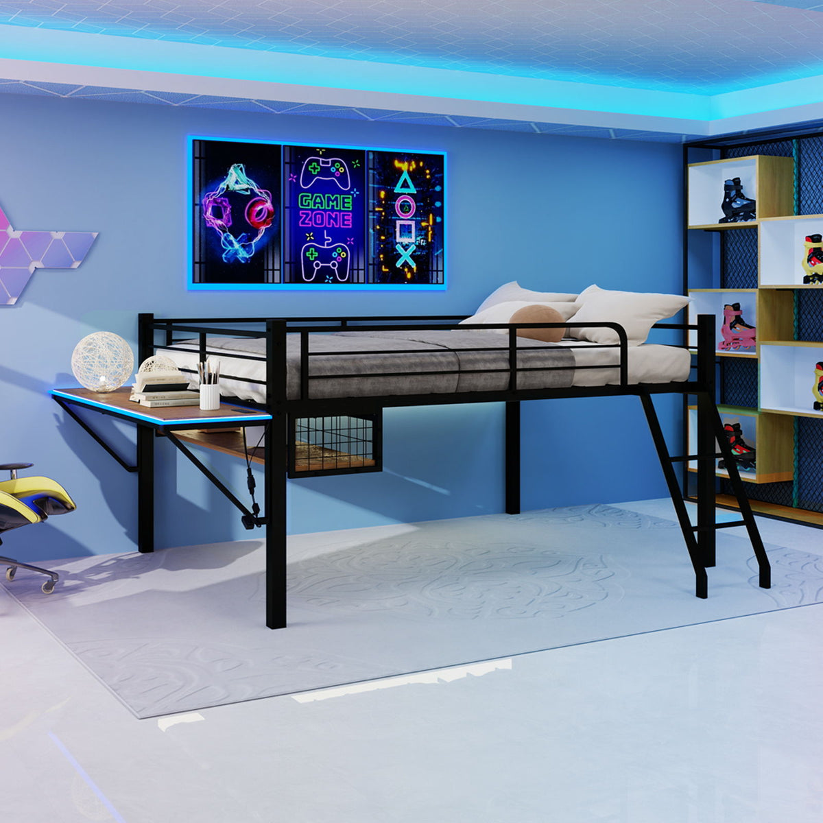 Loft Bed With Built In Desk, LED Light Strip