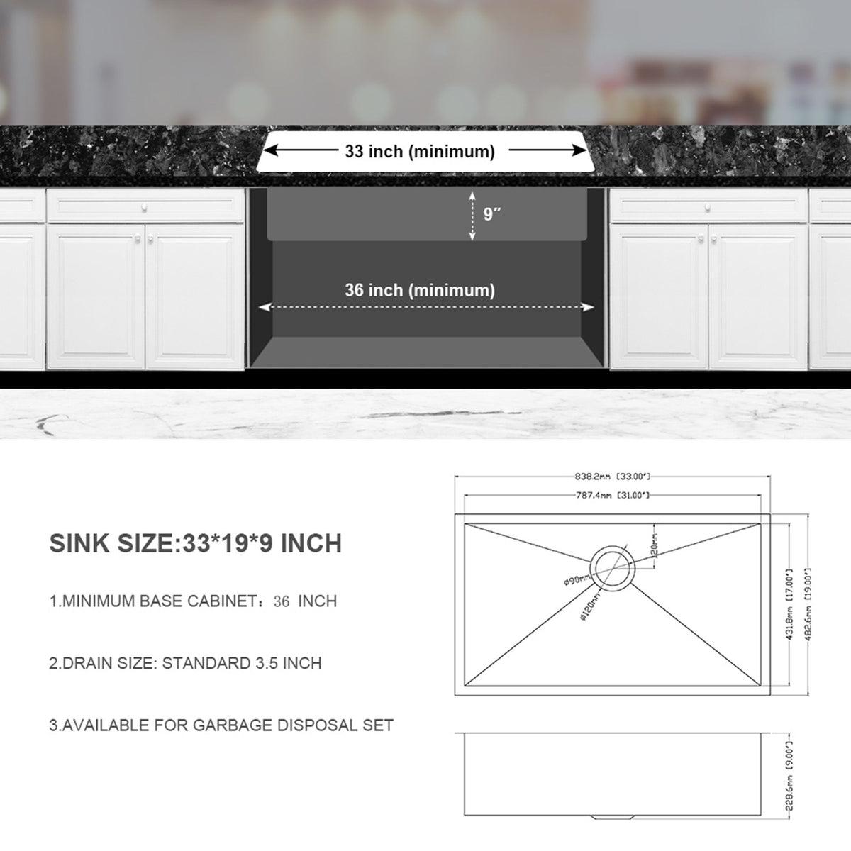 Undermount Stainless Steel Kitchen Sink, Deep Single Bowl Basin