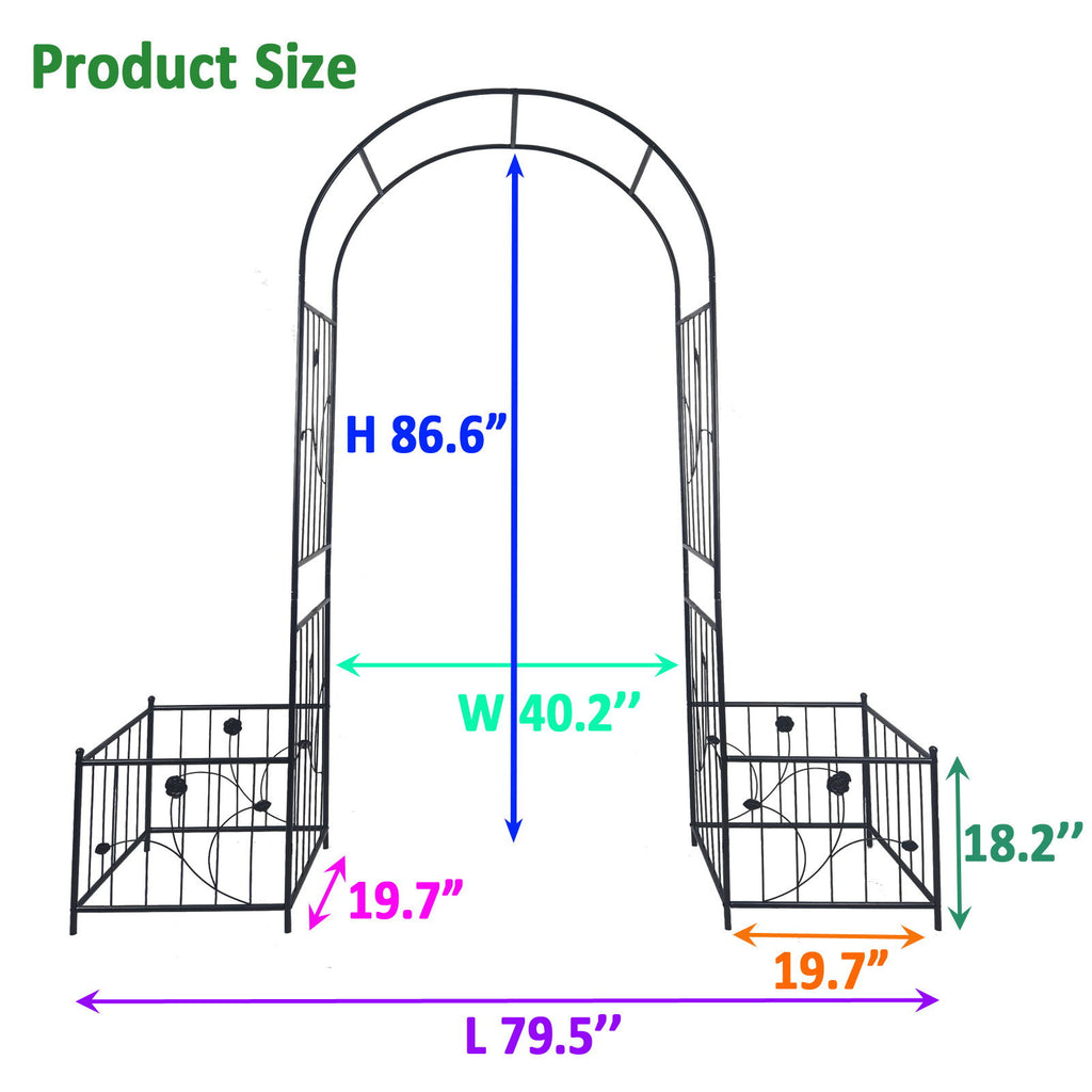 Metal Garden Arch With Two Plant Stands Wide High Climbing Plants Support Rose Arch Outdoor - Black