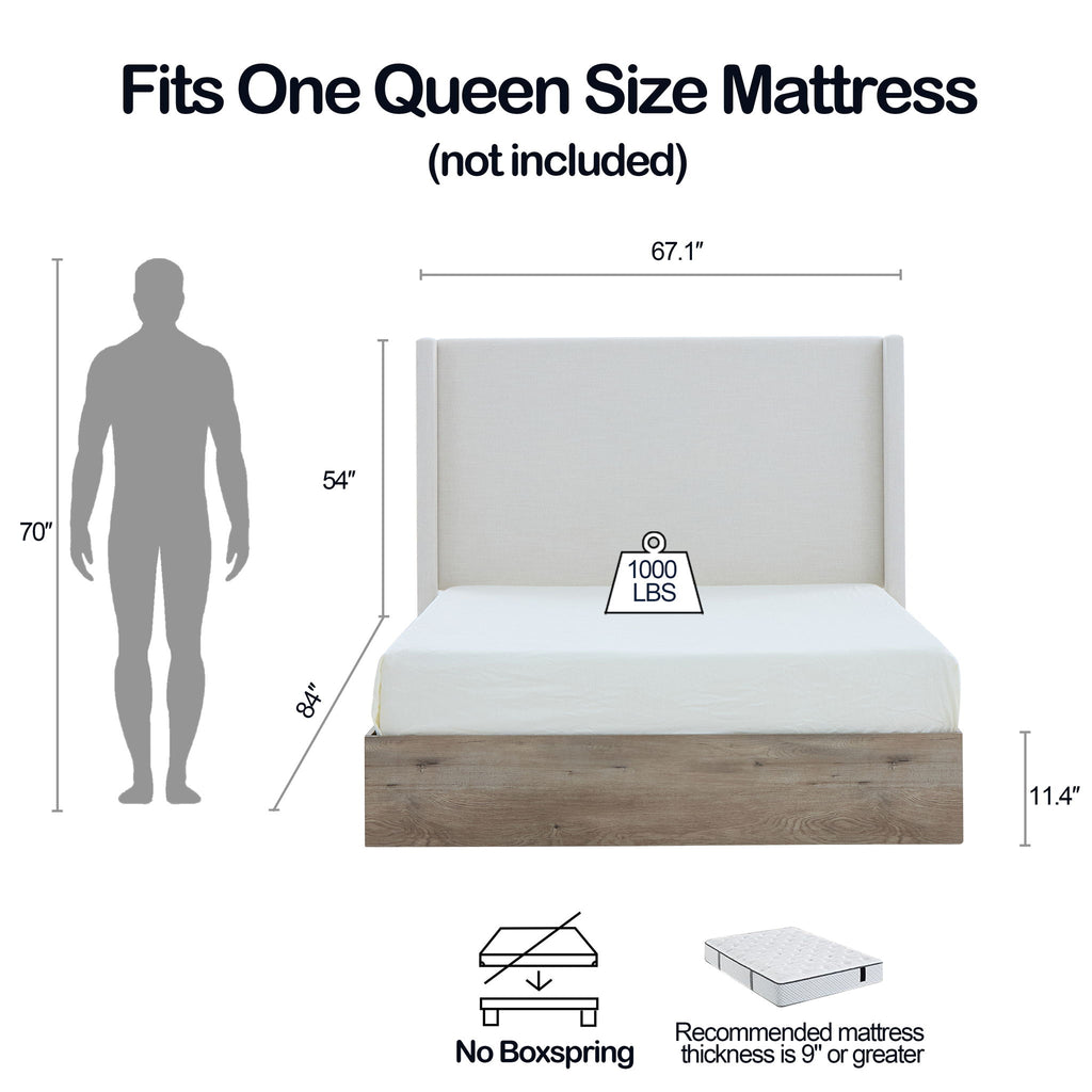 Shelton - Queen Upholstered Wingback Bed With 54" High Headboard - Ivory / Light Gray / Camel Oak