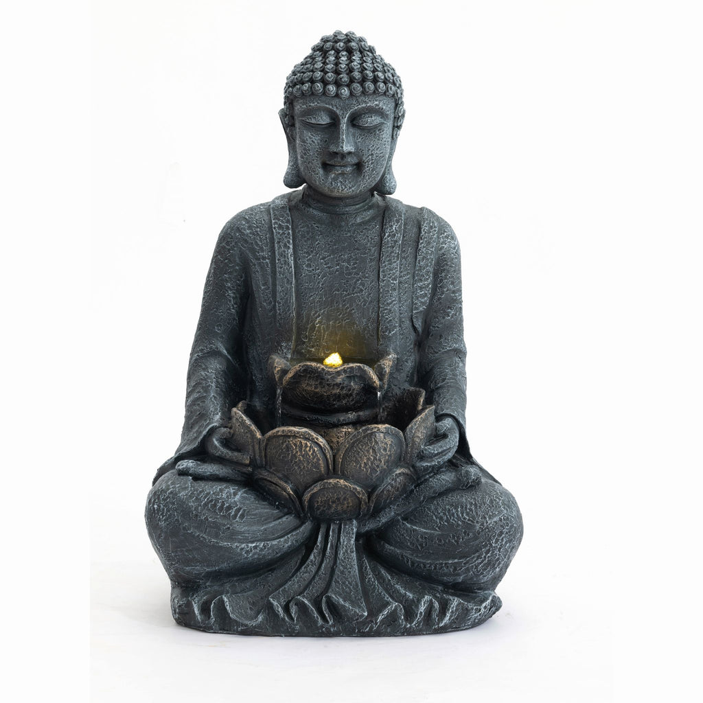 Zen - 2 Tier Meditating Buddha Water Fountain With Pump & LED Light - Gray