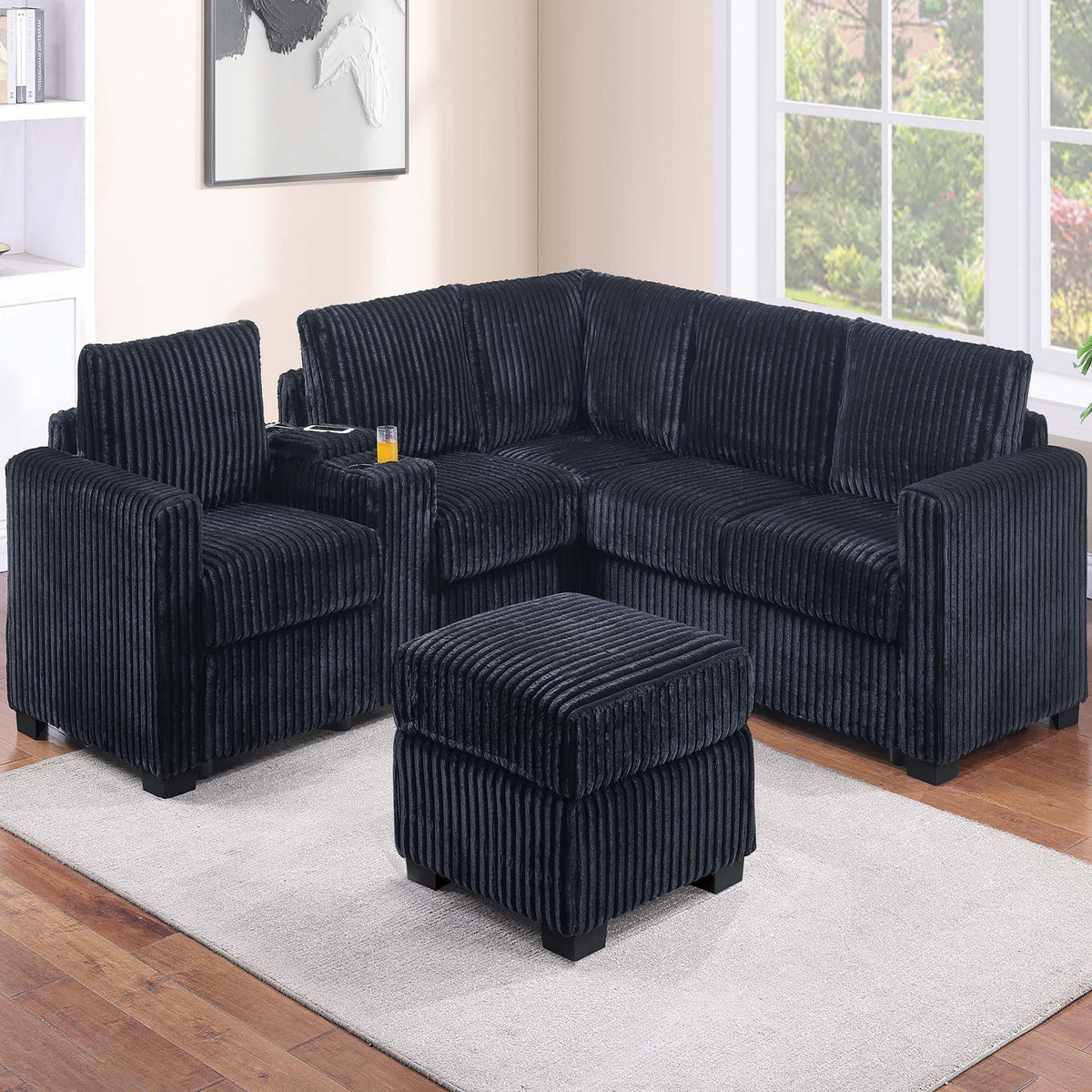 Contemporary L-Shaped Sectional Set With USB Console & Ottoman
