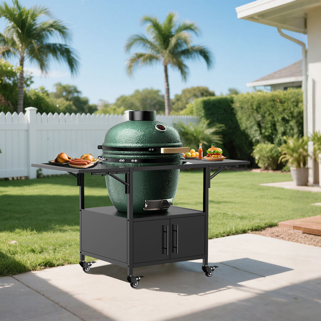 Outdoor Grill Table For Big Egg Style Bbq Metal Grill Cart With 2 Folding Panels Metal - Black