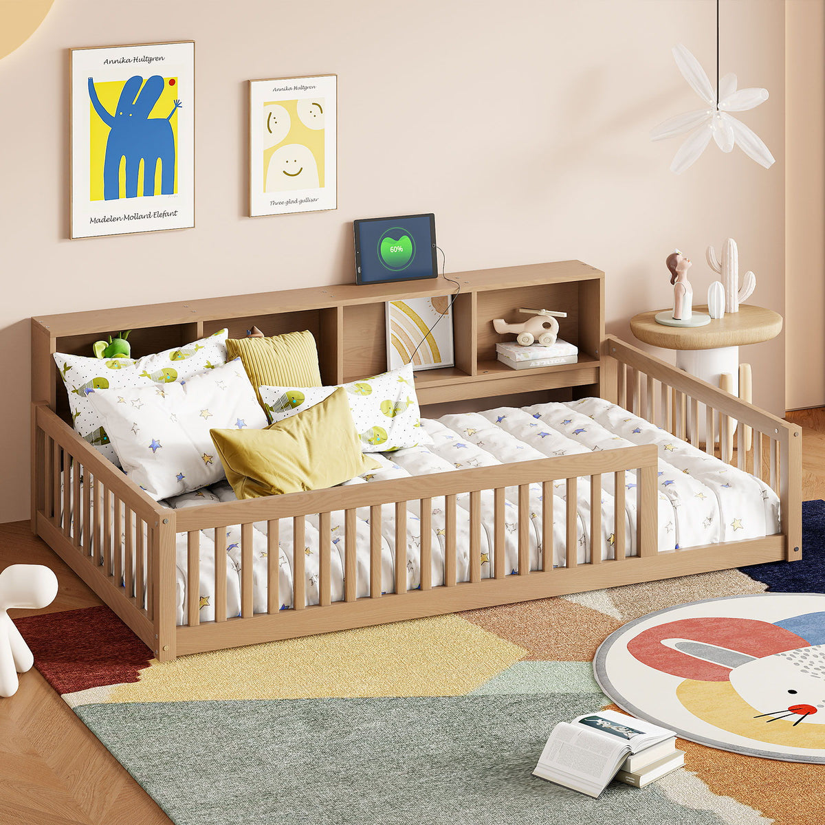 Floor Bed With Storage Cabinets And USB Ports