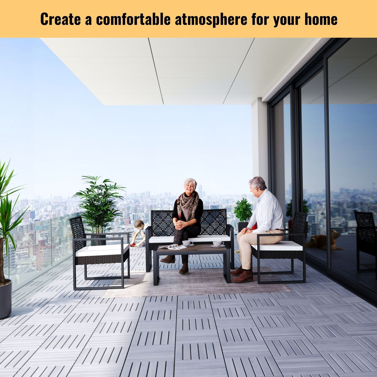 Interlocking Deck Tiles Striped Pattern, Waterproof Anti Mildew Brown