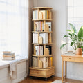 6 Tier Rotating Bookshelf With Wheels And Drawer, 360° Spinning Design, Space Saving Storage, For Home - Wood