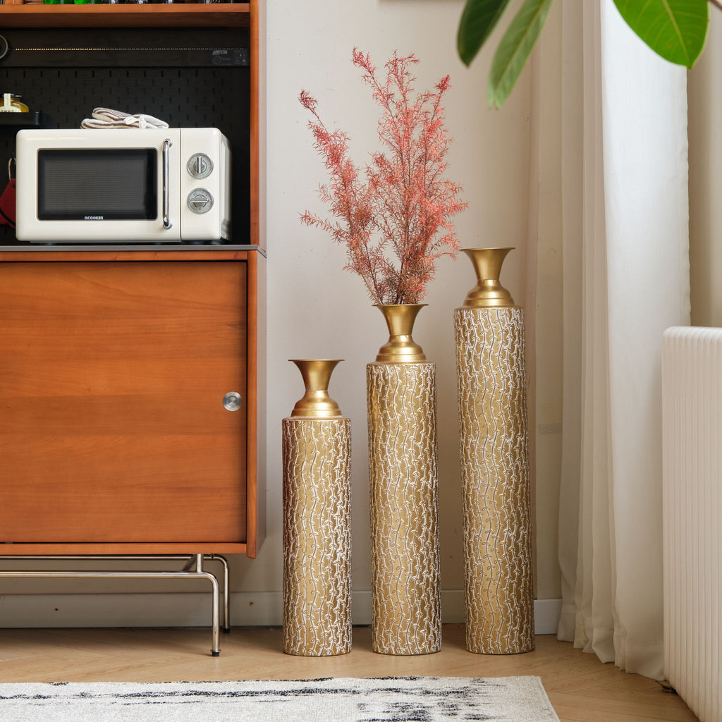 Metal Decorative Vases High Distress Metal Center Vases With Growing Vine Patterns, (Set of 3) Vases For Home Decoration - Gold
