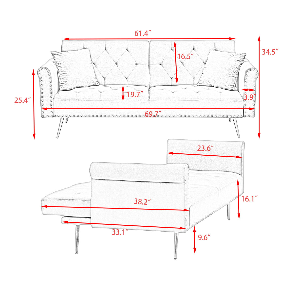 Luxurious Sofa Bed With Nail Head Trim And Matching Pillow