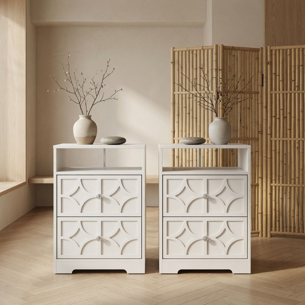 Nightstand With Diamond Carvings Handles, 2 Drawers & Charging Station