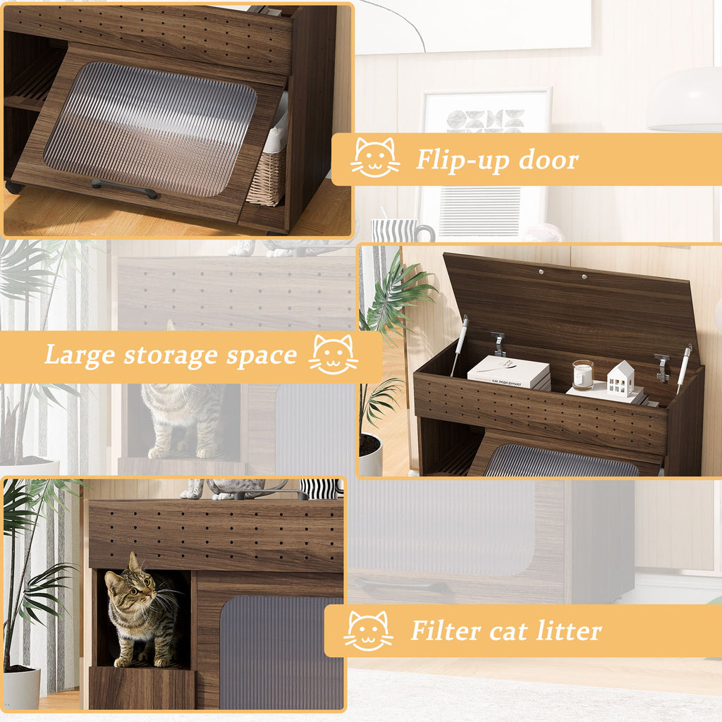 Furniture Style Multi Use Cat Litter Box House With Storage - Walnut