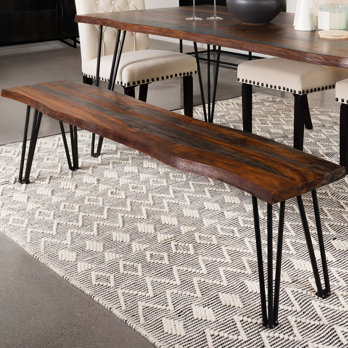 Neve - Sheesham Live Edge Dining Bench With Hairpin Legs - Gray