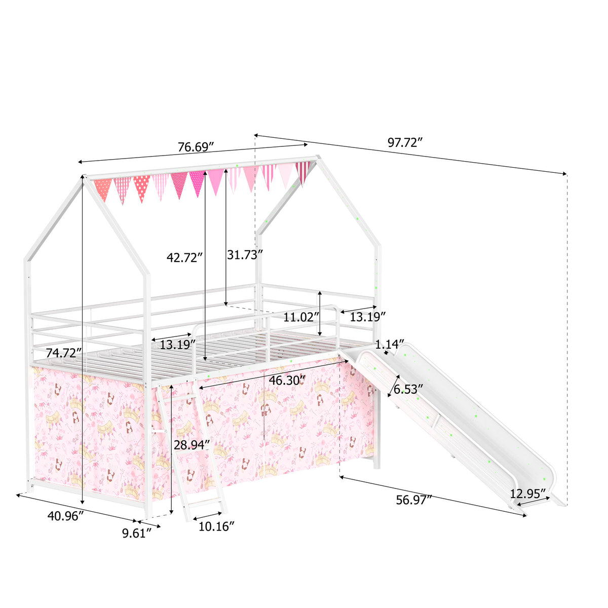 Jack - House Loft Bed With Slide And Curtain Set