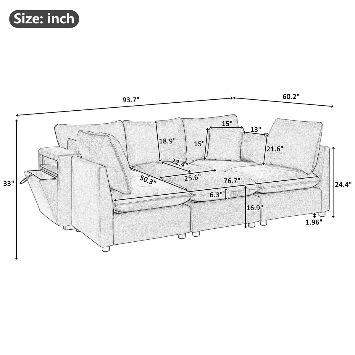 Modern Sectional Sofa U-Shaped With Movable Ottoman Storage Armrests And USB Ports