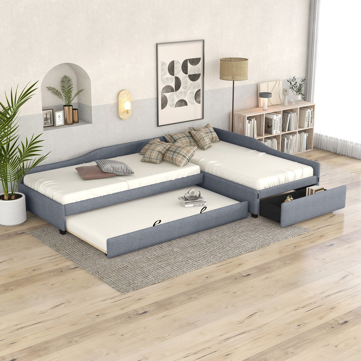 Upholstered Double Daybed With Trundle And Drawer