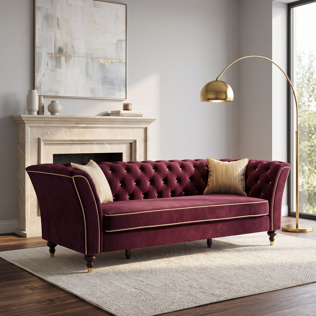 3 Person Sofa With Deep Seat, Tufted Backrest