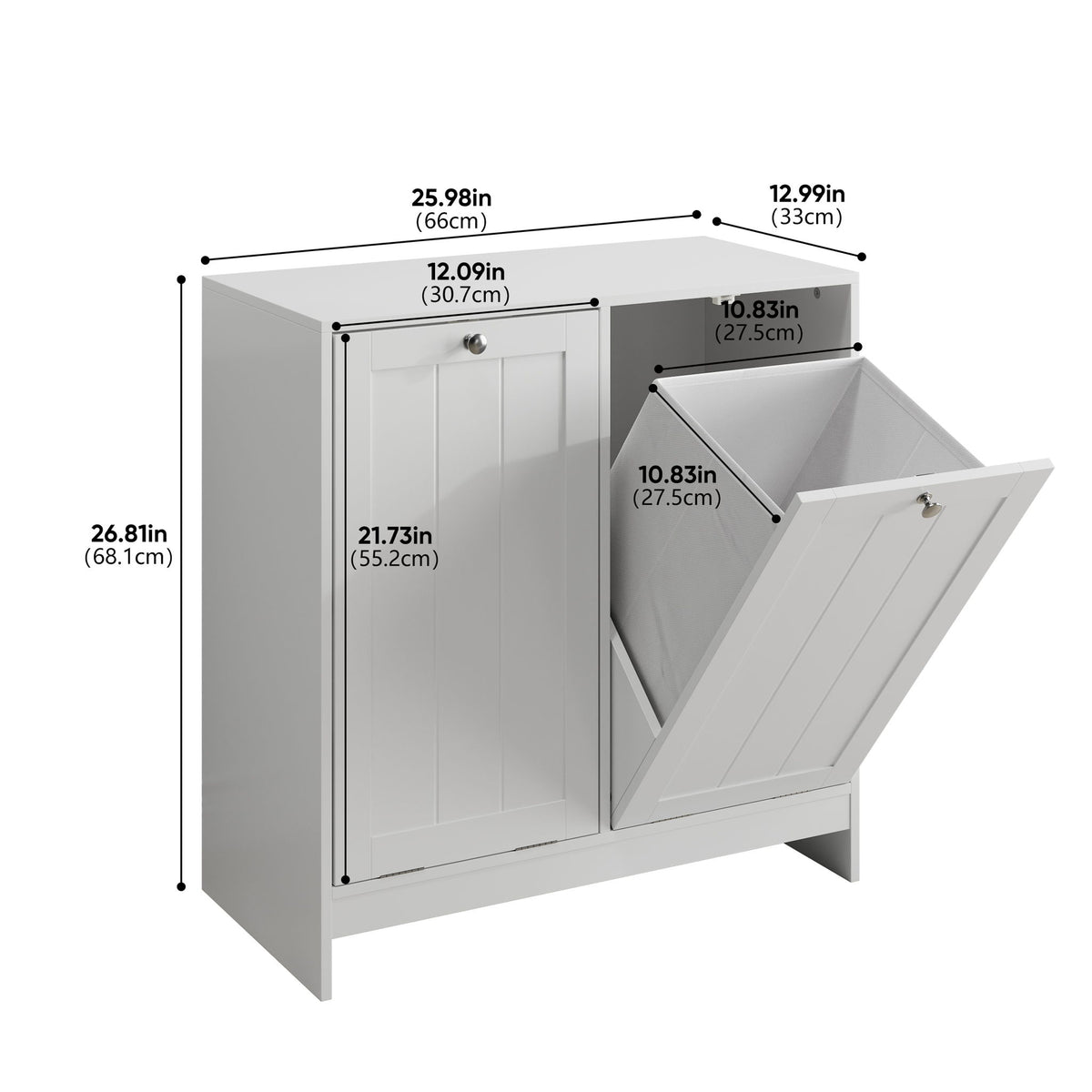 Tilted Laundry Hamper With Removable Basket, Hidden Storage Cabinet, Home Organizer For Bathroom - White