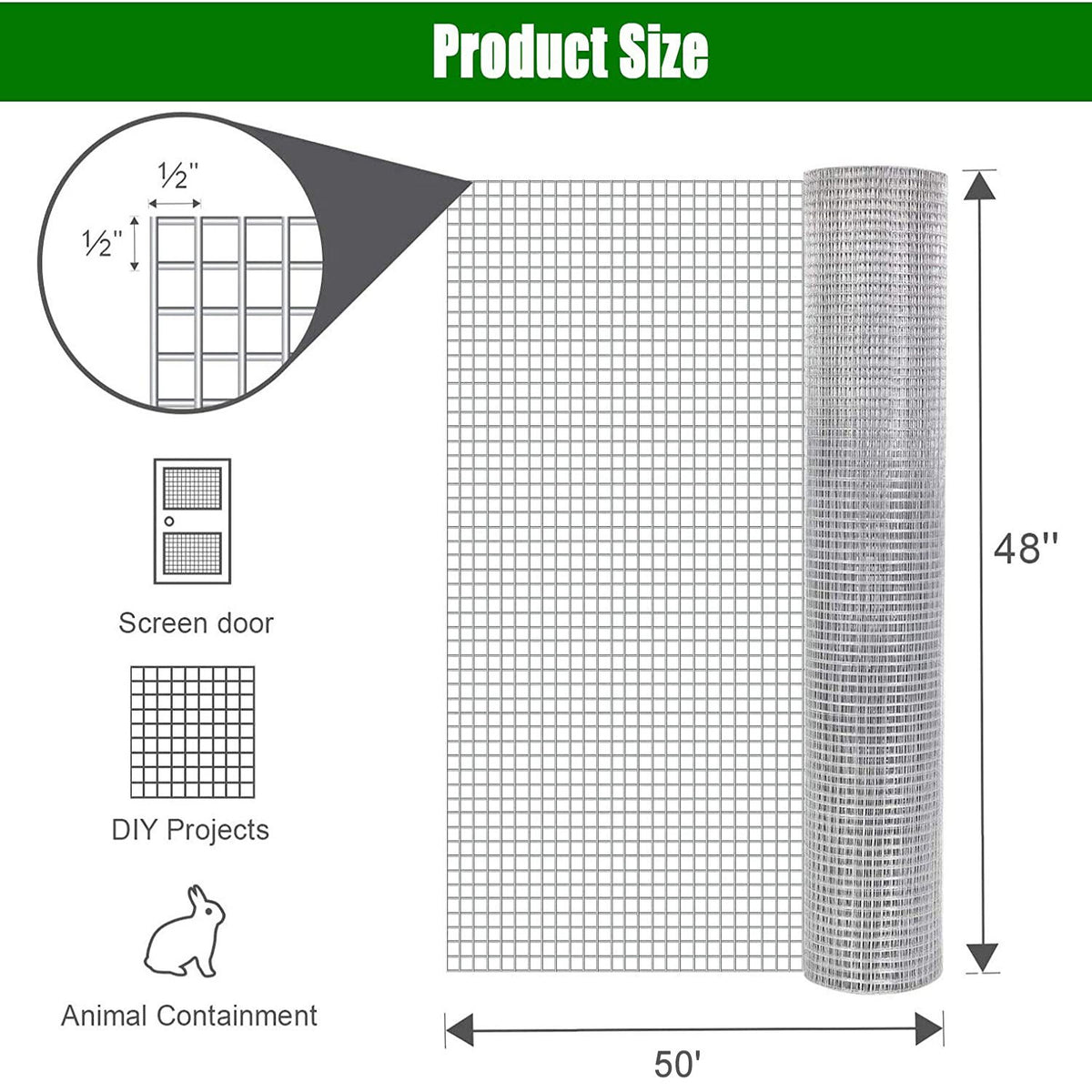 Galvanized Hardware Cloth, Metal Wire Fencing Roll For Garden And Animal Protection - Silver