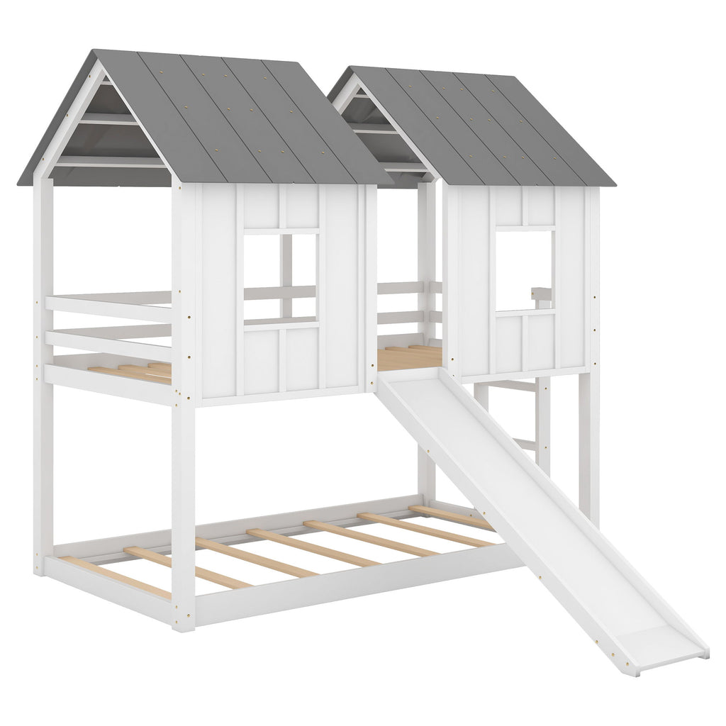 Twin Over Twin House Bunk Bed With Slide And Windows - White / Gray