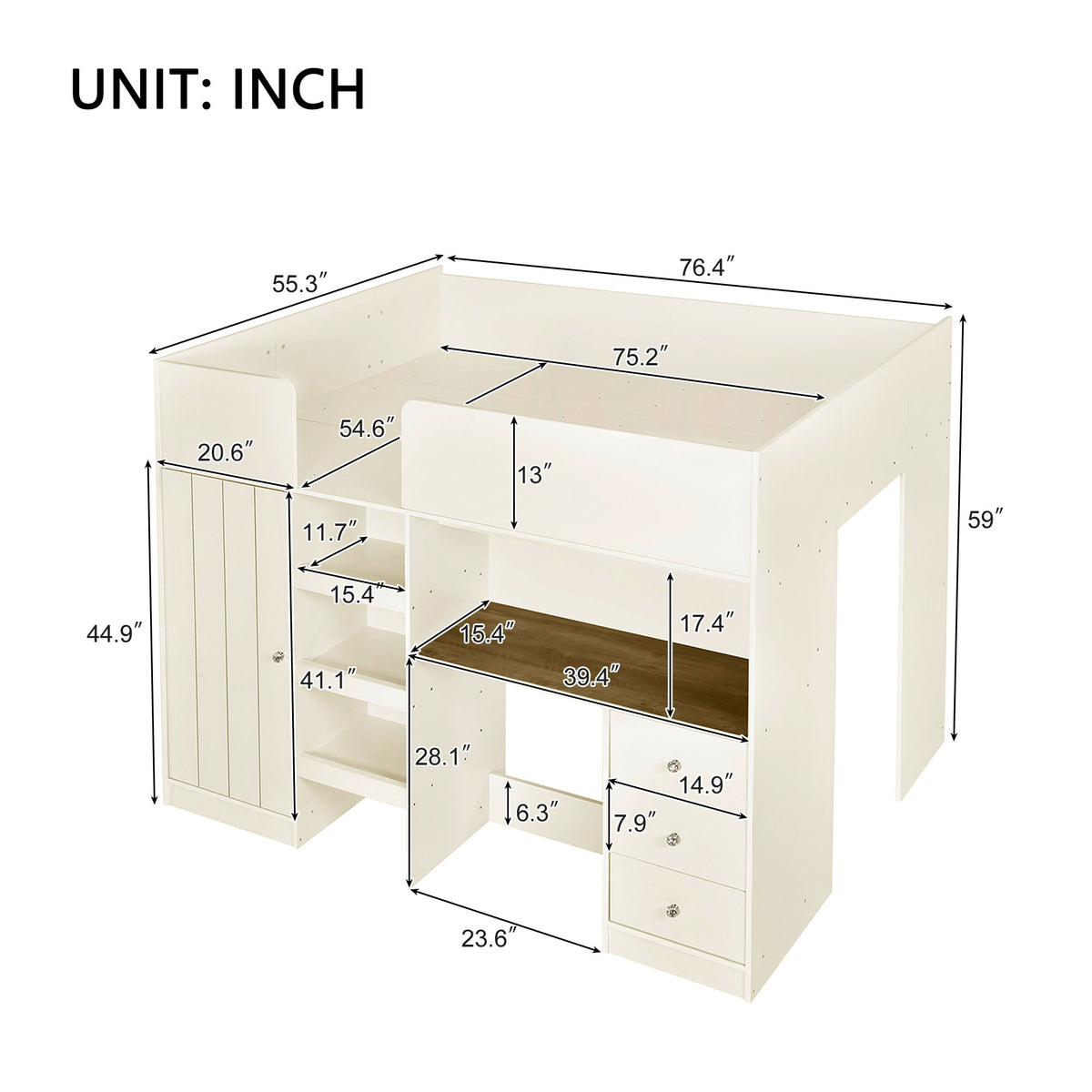 Loft Bed With Built In Wardrobe, Desk, Shelves, And Drawers