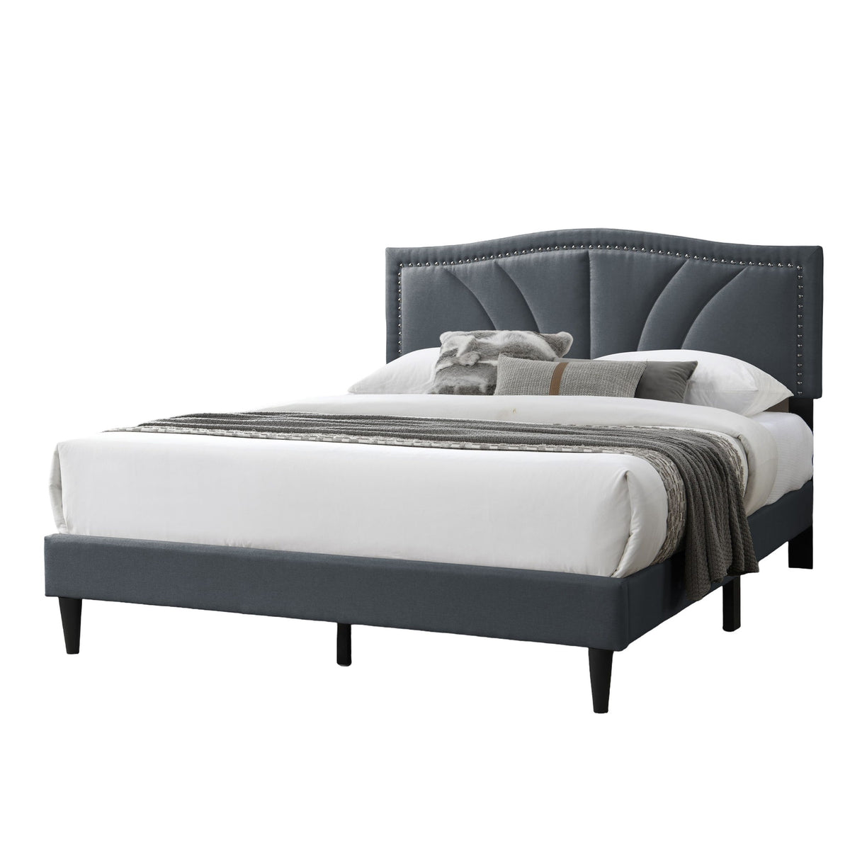 Bed With Nailhead Trim Accents, Upholstered Platform Frame