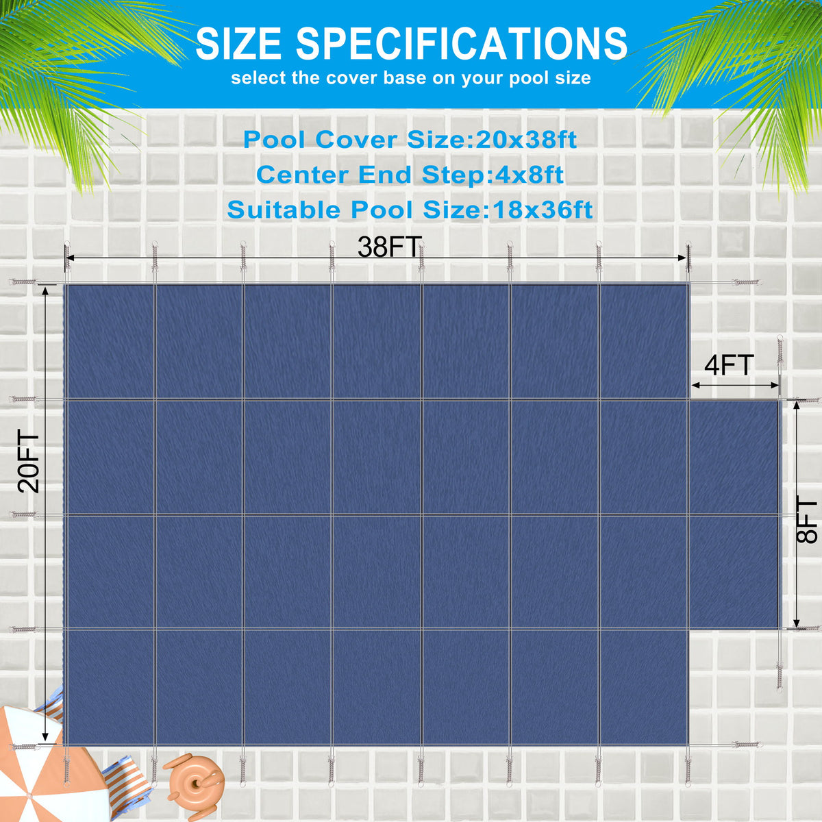 Pool Safety Cover, Fits 18 X 36Ft Rectangular Inground Winter Swimming Pools, High Strength Mesh - Blue
