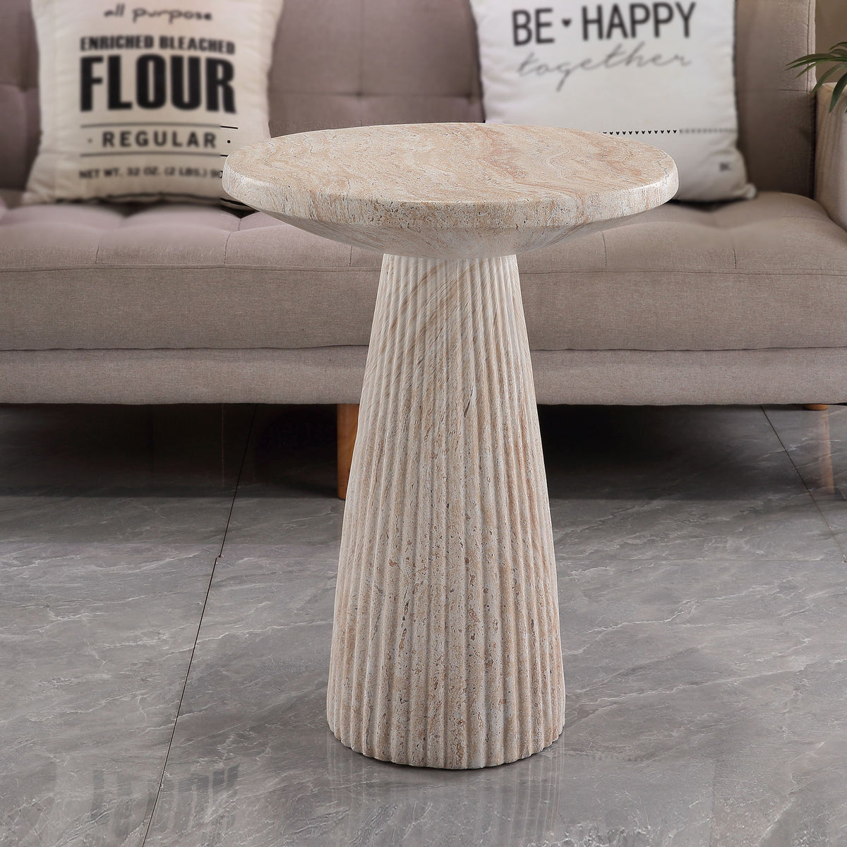 Fluted Pedestal Round Coffee Table - Beige / Yellow