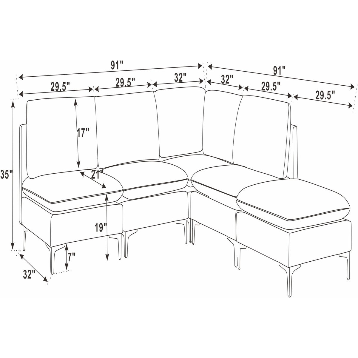 Upholstered Modular Sectional With Tall Legs, Medium Firm Seat