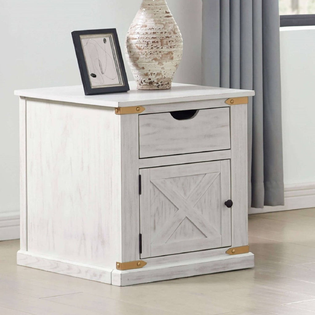End Table With Storage Drawer And Shelves - Antique White / Gold