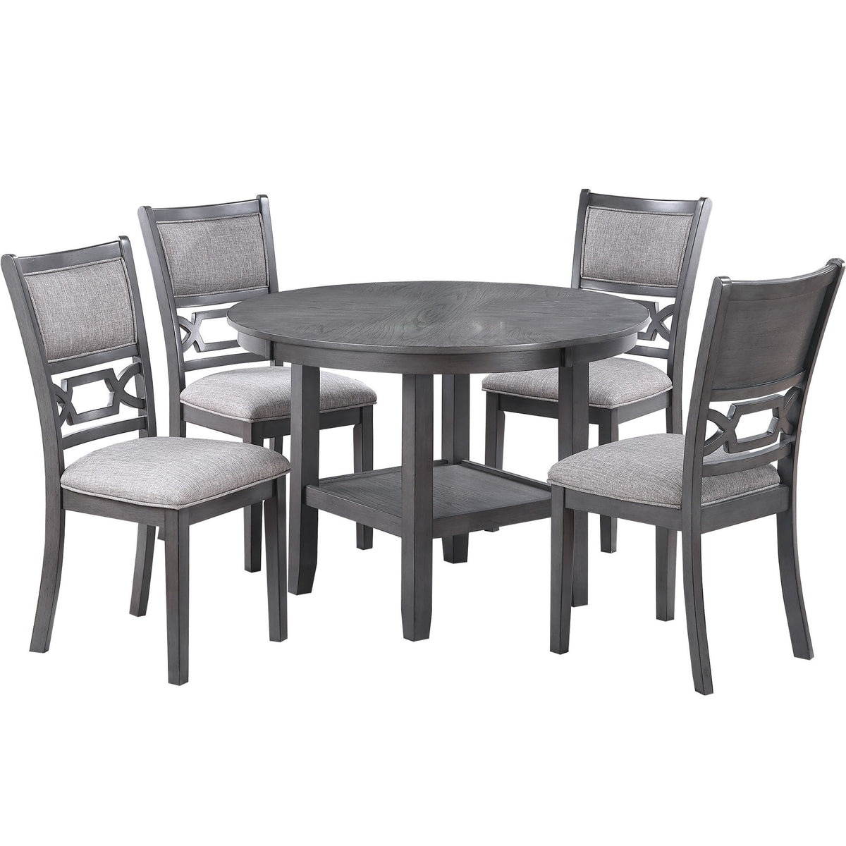 5 Piece Dining Set With Storage Shelves Round Table And Upholstered Side Chairs - Gray