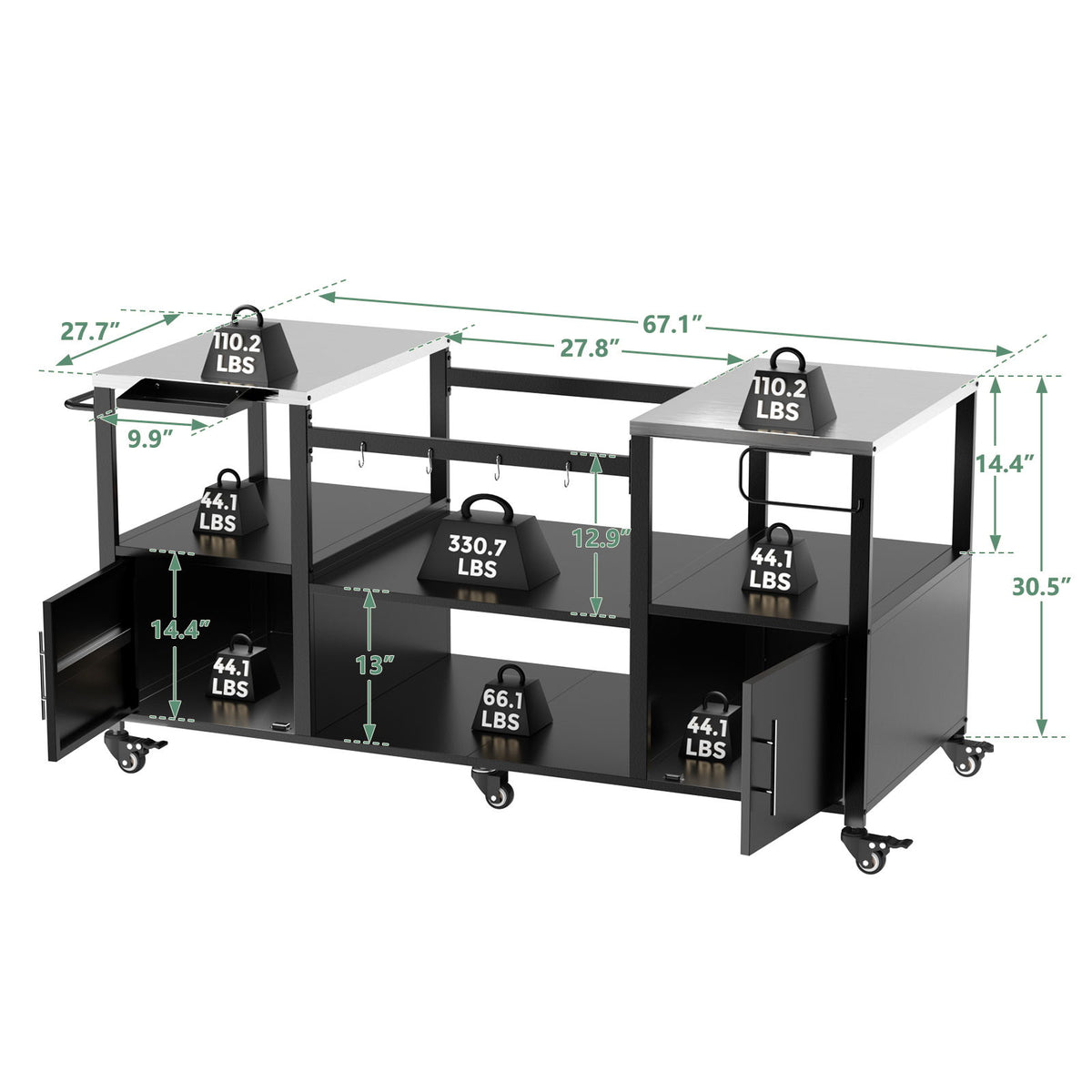Outdoor Grill Table For Big Egg Style Bbq With Metal Grill Cart And Storage Box And Metal And Stainless Steel - Black / Silver
