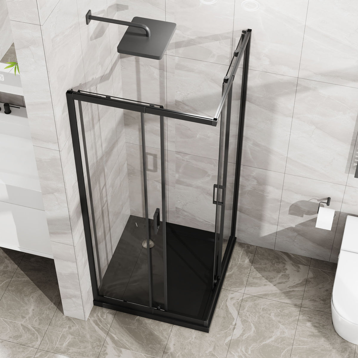 Corner Sliding Shower Door And Shower Base Combo Kit No Drain Kit - Matte Black