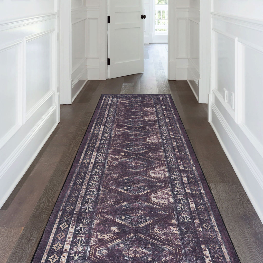 Maval - 2'6'' X 10' Washable Runner Rug - Black / Burgundy