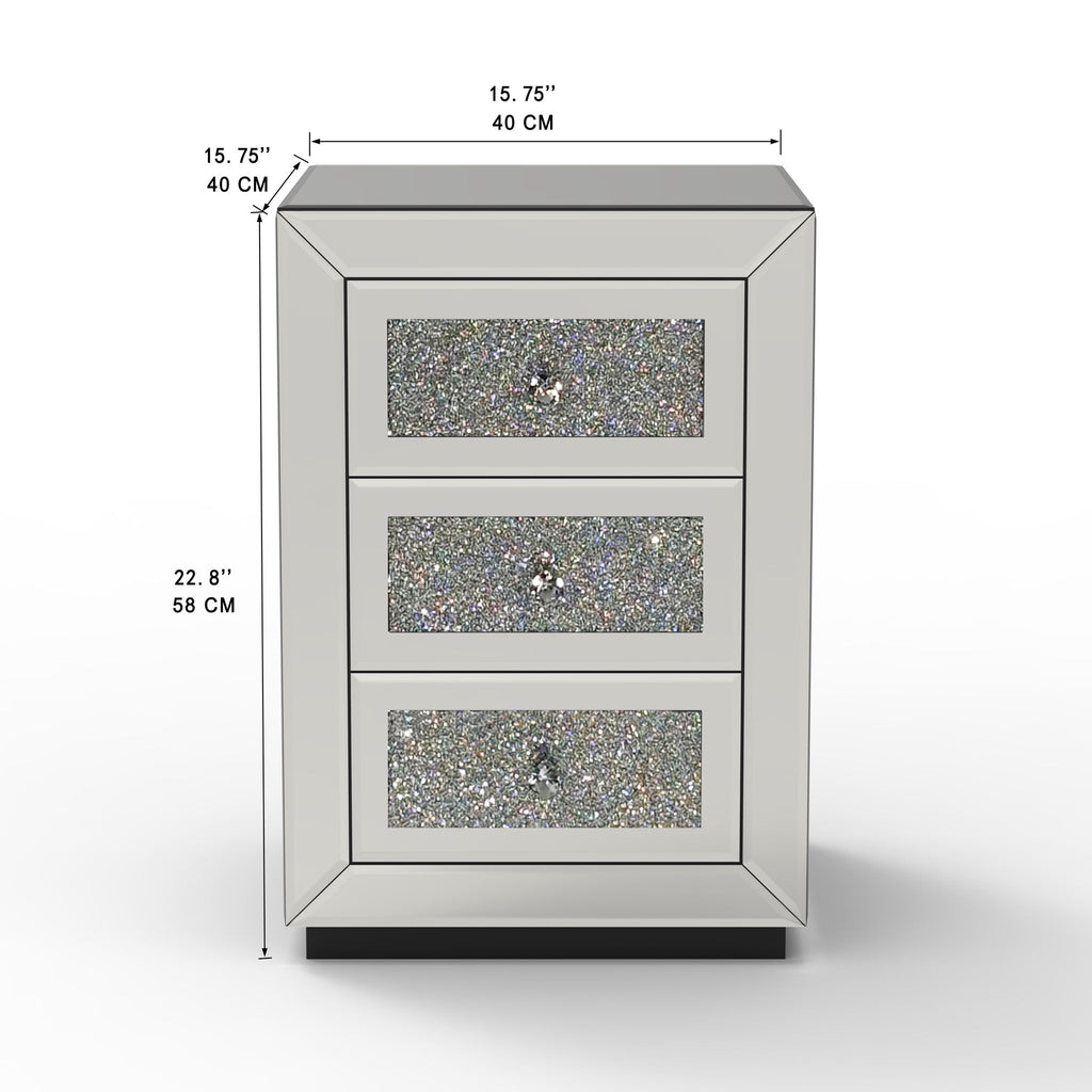 3 Drawer Nightstand With Glass Accents, Bedside Table For Bedroom - Silver