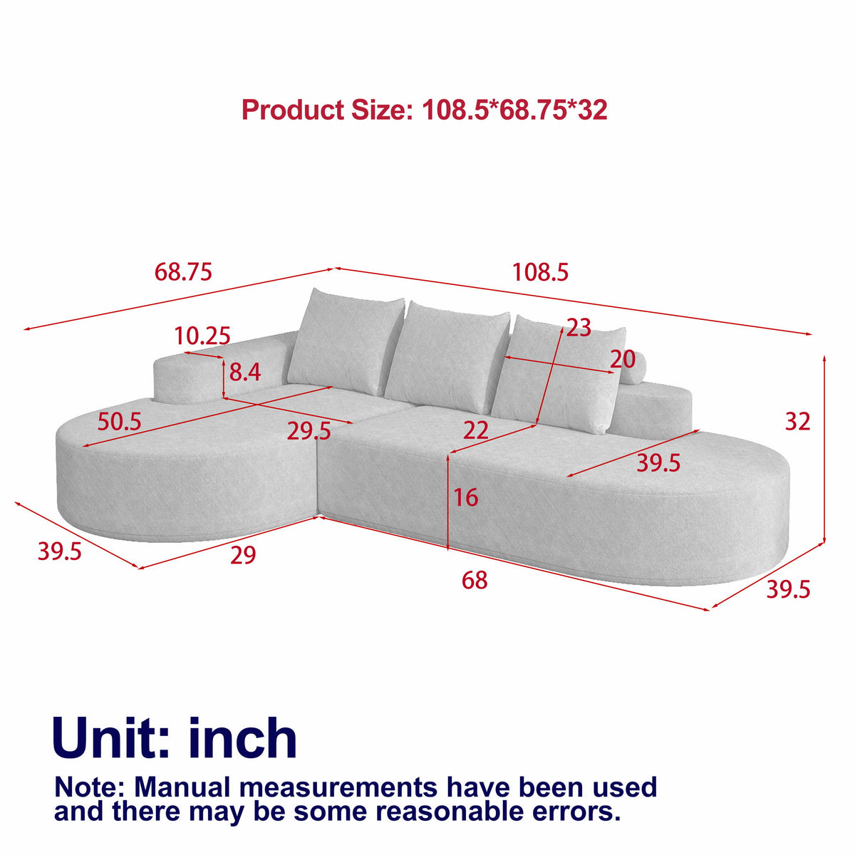 Modern Curved Sofa, L-Shaped Modular Sectional Set With 3 Pillows