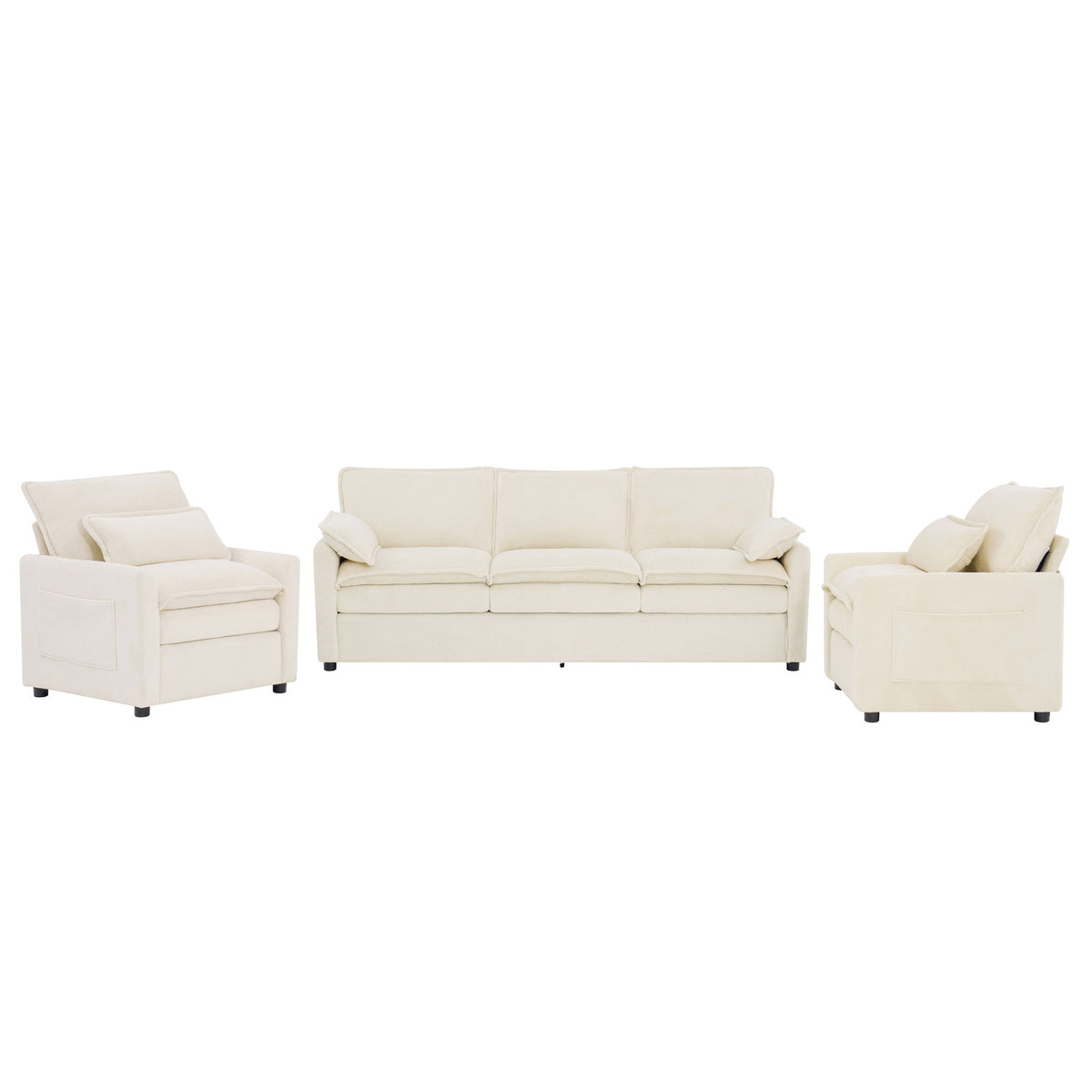 Modern Sofa Set With Double Layer Cushion And Side Storage Pockets